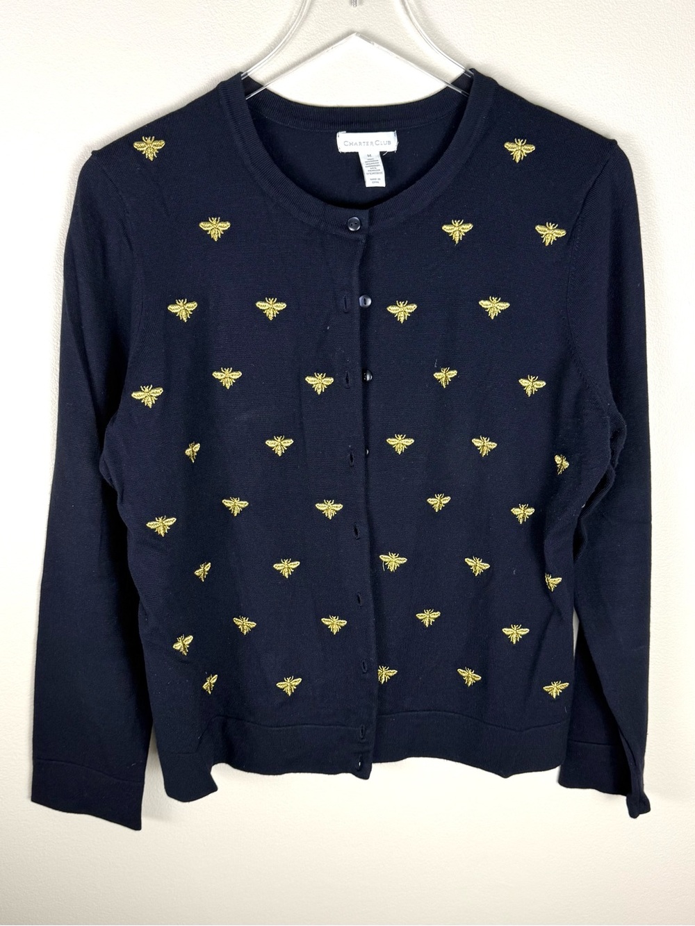 Charter Club Navy Cardigan Embroidered Bees